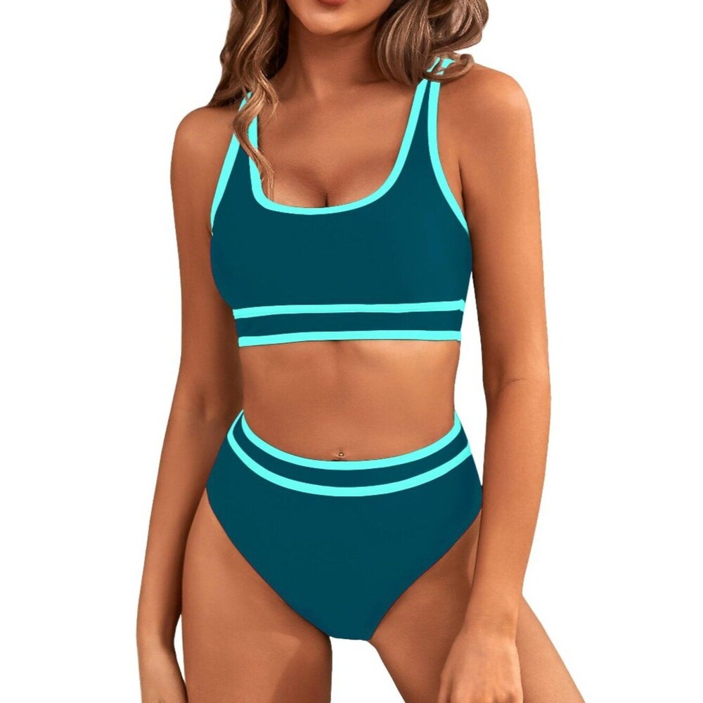 Women's High Waisted Bikini Sets Sporty Two Piece Swimsuits Color Block M